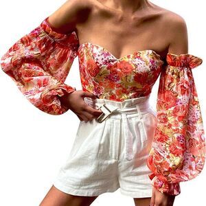 Bright Floral Lantern Sleeve Off the Shoulder Top